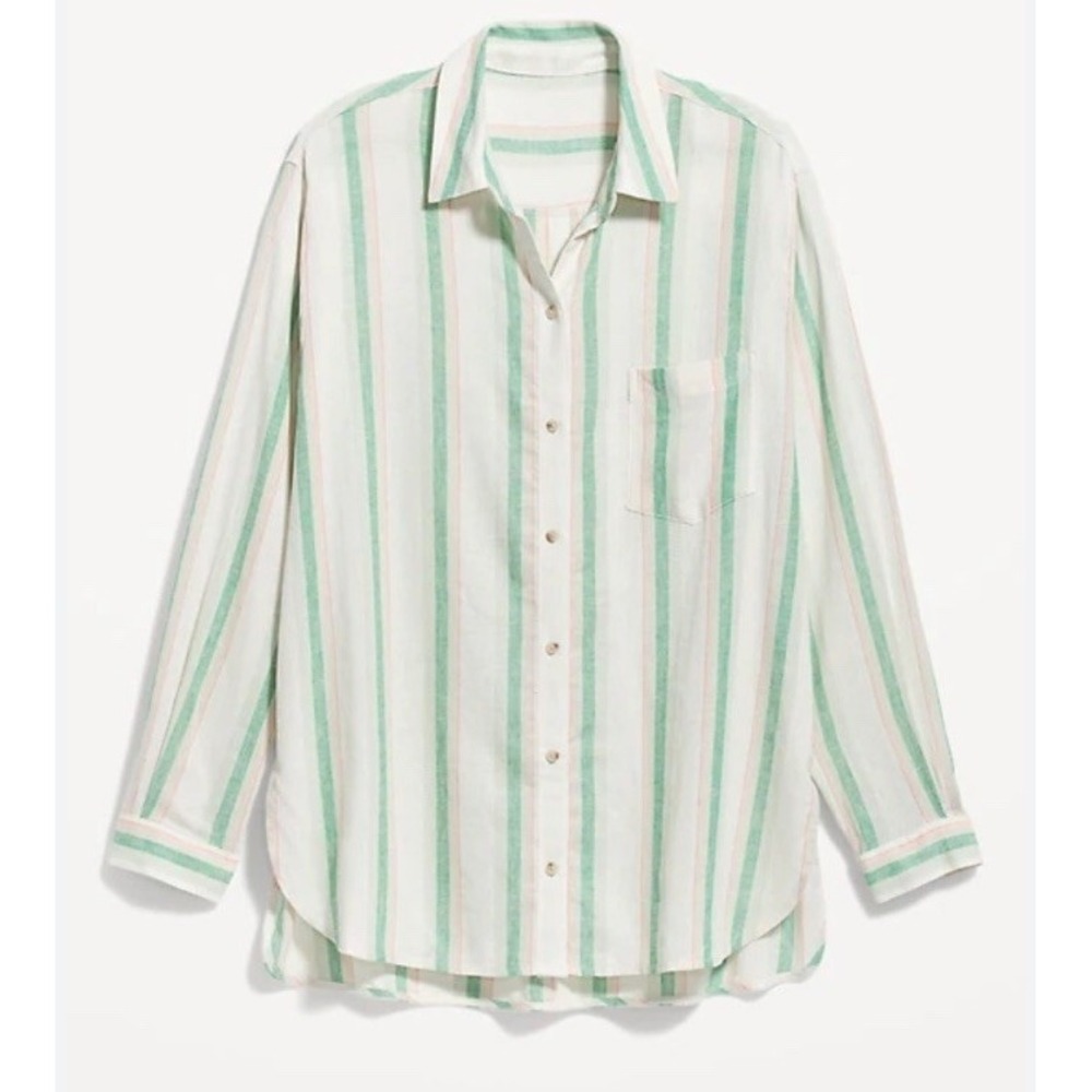 Old Navy Boyfriend Shirt Green Pink Stripe Button Up Top Women M‎ Linen Blend